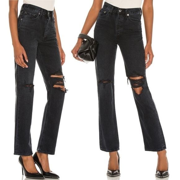 Agolde- Distressed Ripped Lana Straight Leg Jeans in Black Disorder Size 28 - Picture 1 of 10
